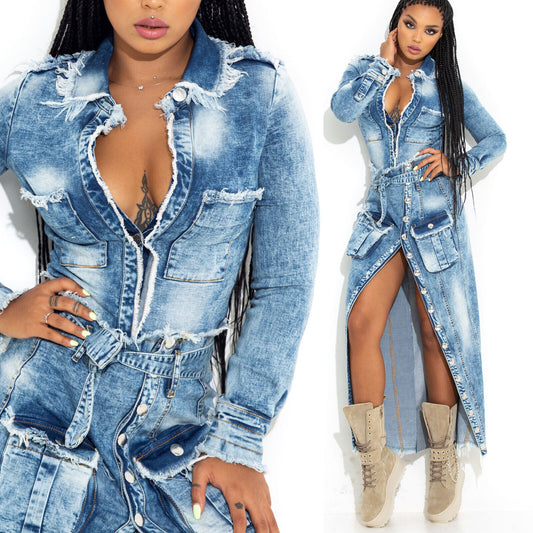 By Alina Mexton 2-Teiler Damen Jeans Maxirock + Jeansbluse Midirock Jeansrock XS
