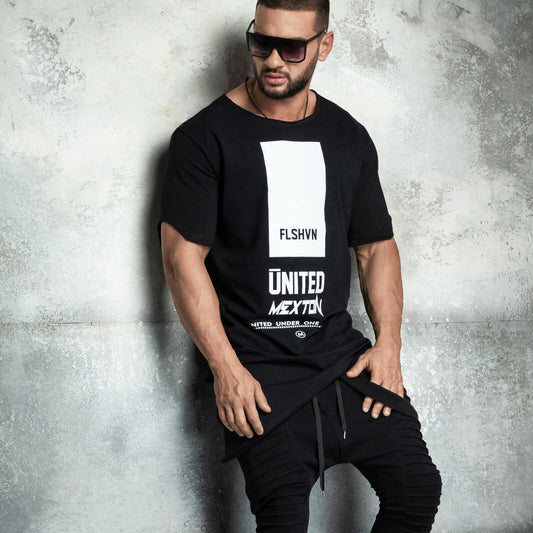 Mexton Men Herren Oversize Deep O NecK T-Shirt Longshirt Kurzarm Rundhals Print