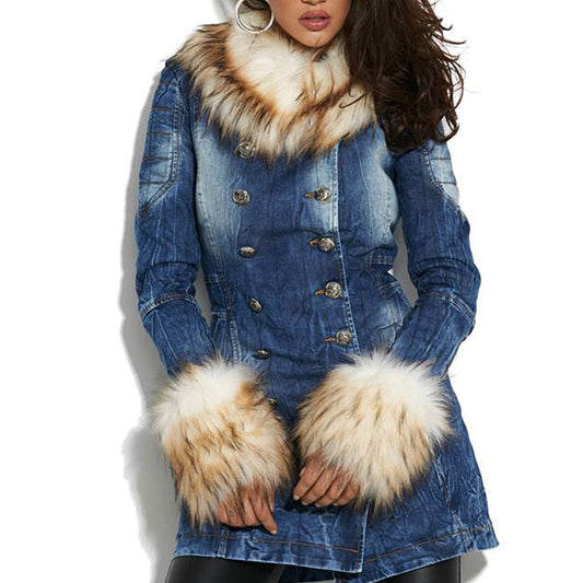 By Alina Mexton Damen Jacke Jeansjacke Jeans Mantel Fellkragen Wintermantel