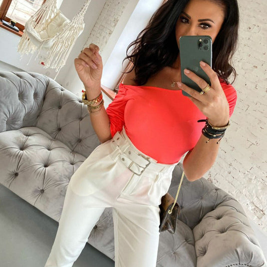 Ola Damen Body Bodysuit Bluse Bodytop T-Shirt gerafft 3/4 Ärmelig Orange