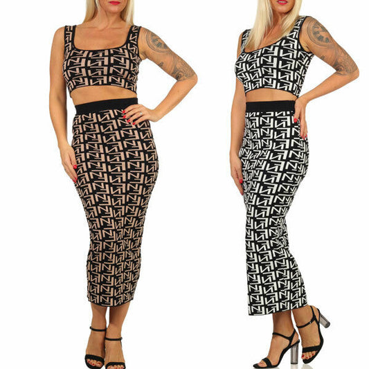 Damen 2-Teiler Strick Top bauchfrei + High-Waist Midirock Strickkleid Set