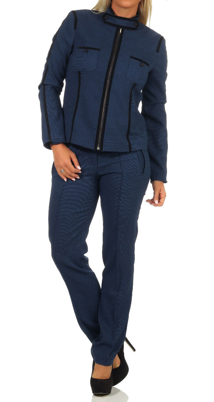 Eleganter Bouclé Hosenanzug Damen Gr. 40 – Blazer & Hose 2-Teiler Dunkelblau L