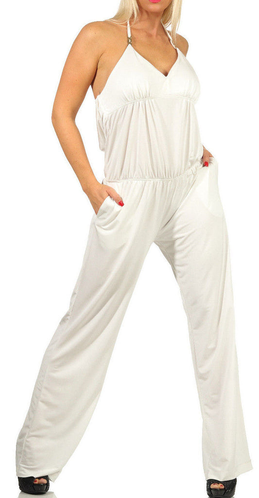 Damen Neckholder Overall Jumpsuit High-Waist Hosenanzug Neck wide Leg Strandhose