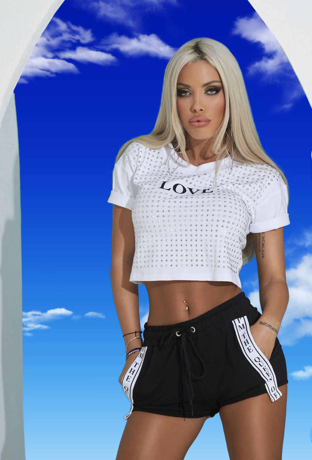 Mexton Damenhose Hotpants Shorts Kurze Hose Jogginghose Kurz Print Blau X S M