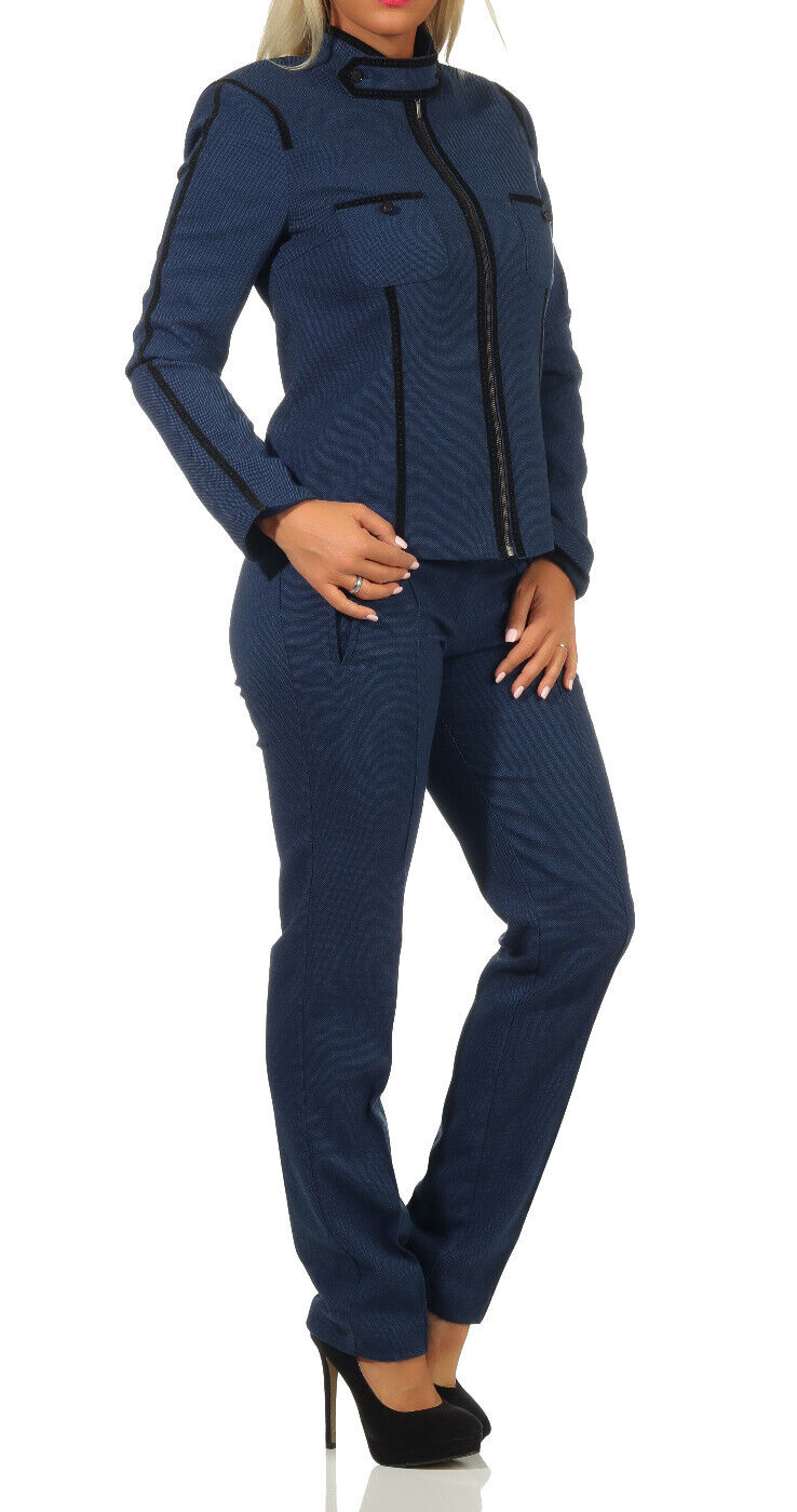 Eleganter Bouclé Hosenanzug Damen Gr. 40 – Blazer & Hose 2-Teiler Dunkelblau L