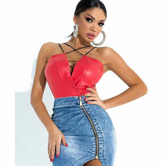 By Alina Mexton Damen Body Bodysuit Trägertop Lederlook Kunstleder Top