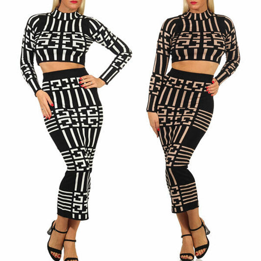 Damen 2-Teiler Strick Pullover bauchfrei + High-Waist Midirock Strickkleid Set