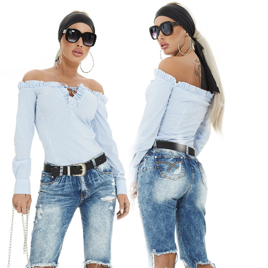 By Alina Mexton Damen Bluse Schulterfrei Carmenbluse Oberteil T-Shirt gestreift