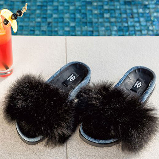 By Alina Pantoletten Plateau Badeschlappen Fell Puschel Strandschuhe Slippers
