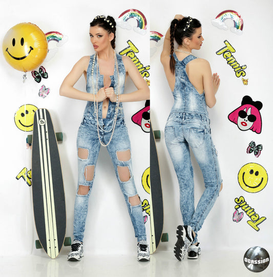 Ocassion Damen Jeansoverall Röhrenjeans Jeanshose Löcher Trägerhose Latzhose