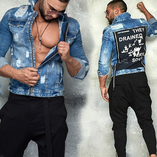 Mexton Men Herren Jacke Jeansjacke Denim Übergansjacke Print Blau M L XL