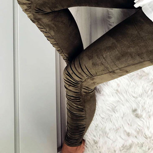 LA Damen High-Waist Leggings Röhrenhose gerafft Wildleder-Look Hose XS-M