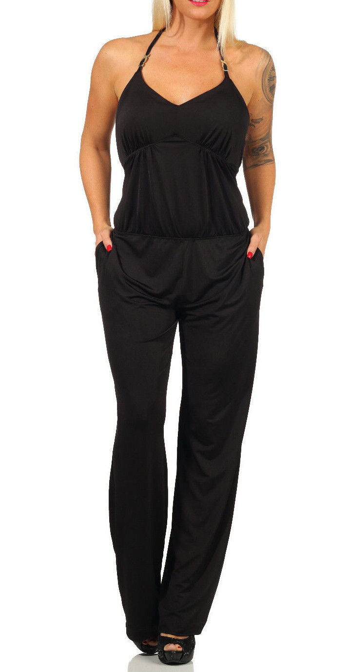 Damen Neckholder Overall Jumpsuit High-Waist Hosenanzug Neck wide Leg Strandhose