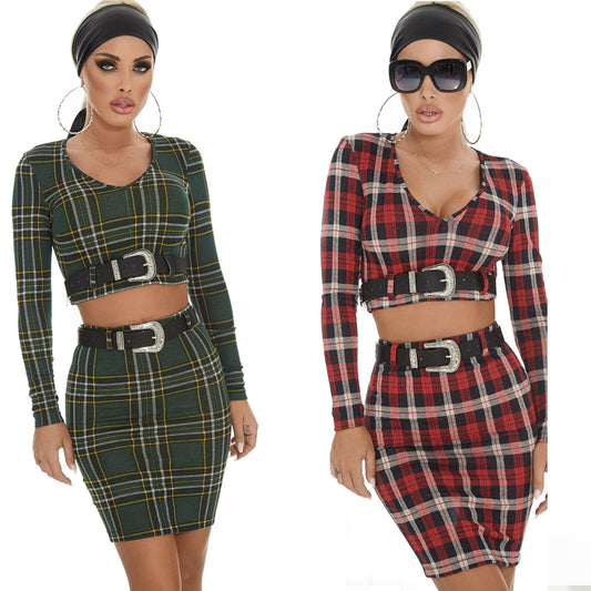 By Alina Mexton Damen 2-Teiler Cropped Pullover Top + Minirock Kariert Rot XS S