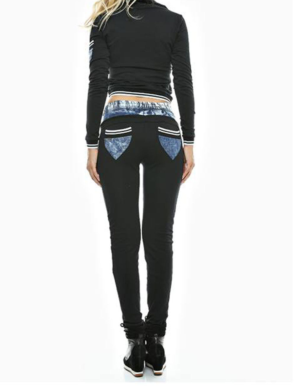 Damen 2-Teiler Jeans Jogginganzug von Foggi, grauer und schwarzer Pullover mit Freizeit-Design, Größe S.