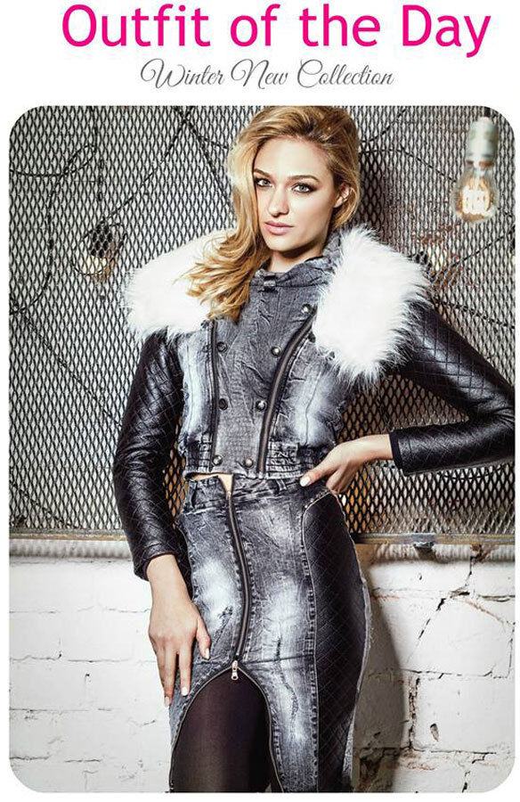 Foggi Damen Jeans 2-Teiler Winterjacke mit Fell, inklusive Jeansjacke und Pencoilrock, modisches Winteroutfit in Denim.