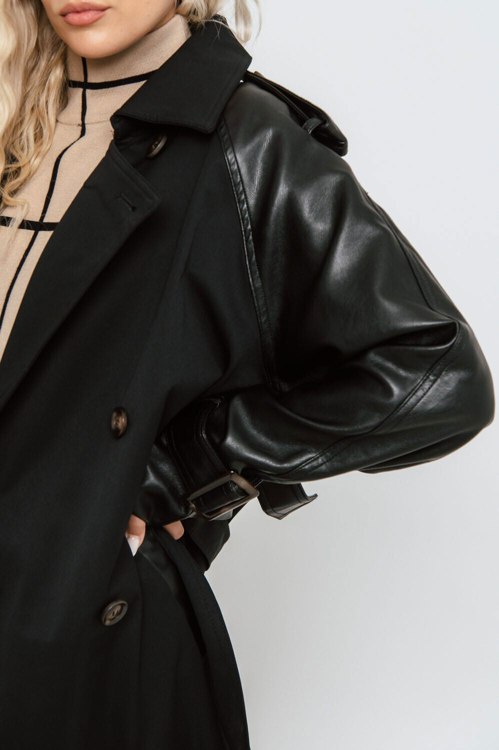 Damen Trenchcoat von freestyle, schwarzer Lederlook Oversize-Mantel, lange Jacke, modischer Damenmantel in M-L Größe