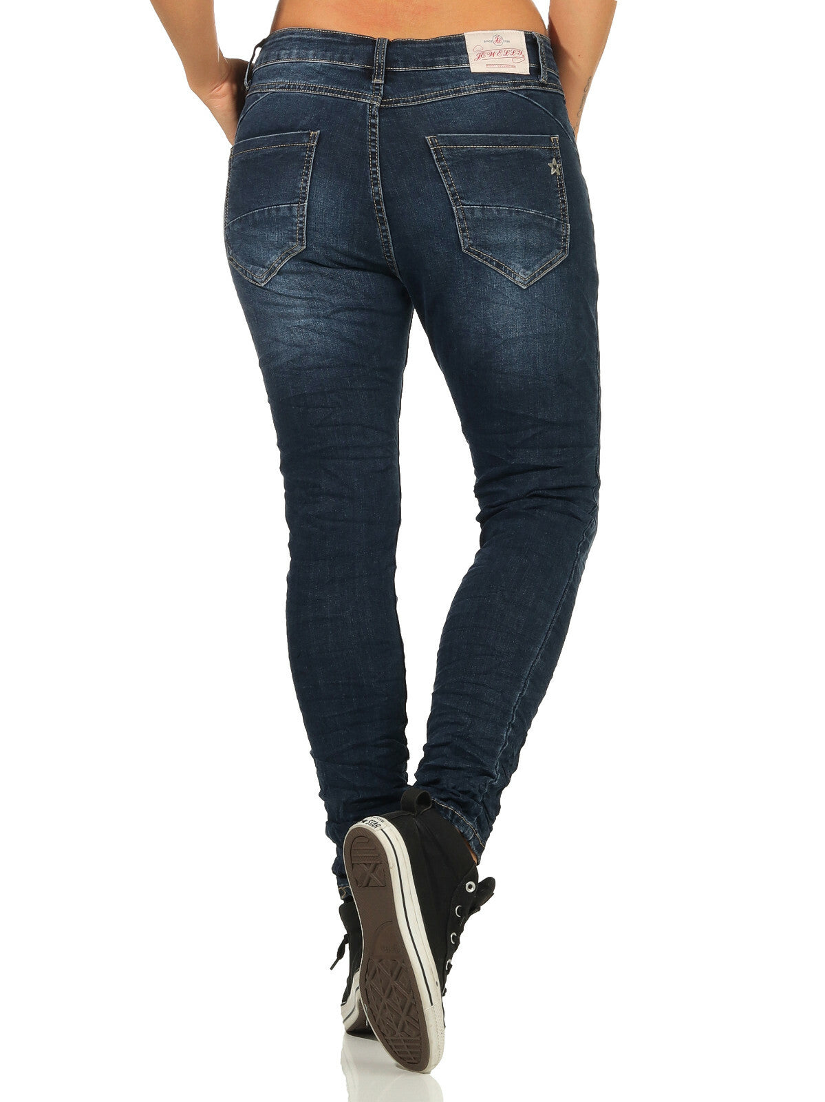 Jewelly Damen Baggy Boyfriend Jeans mit Crash-Look, Hüftjeans und Knöpfen, lässige Jeanshose für Damen