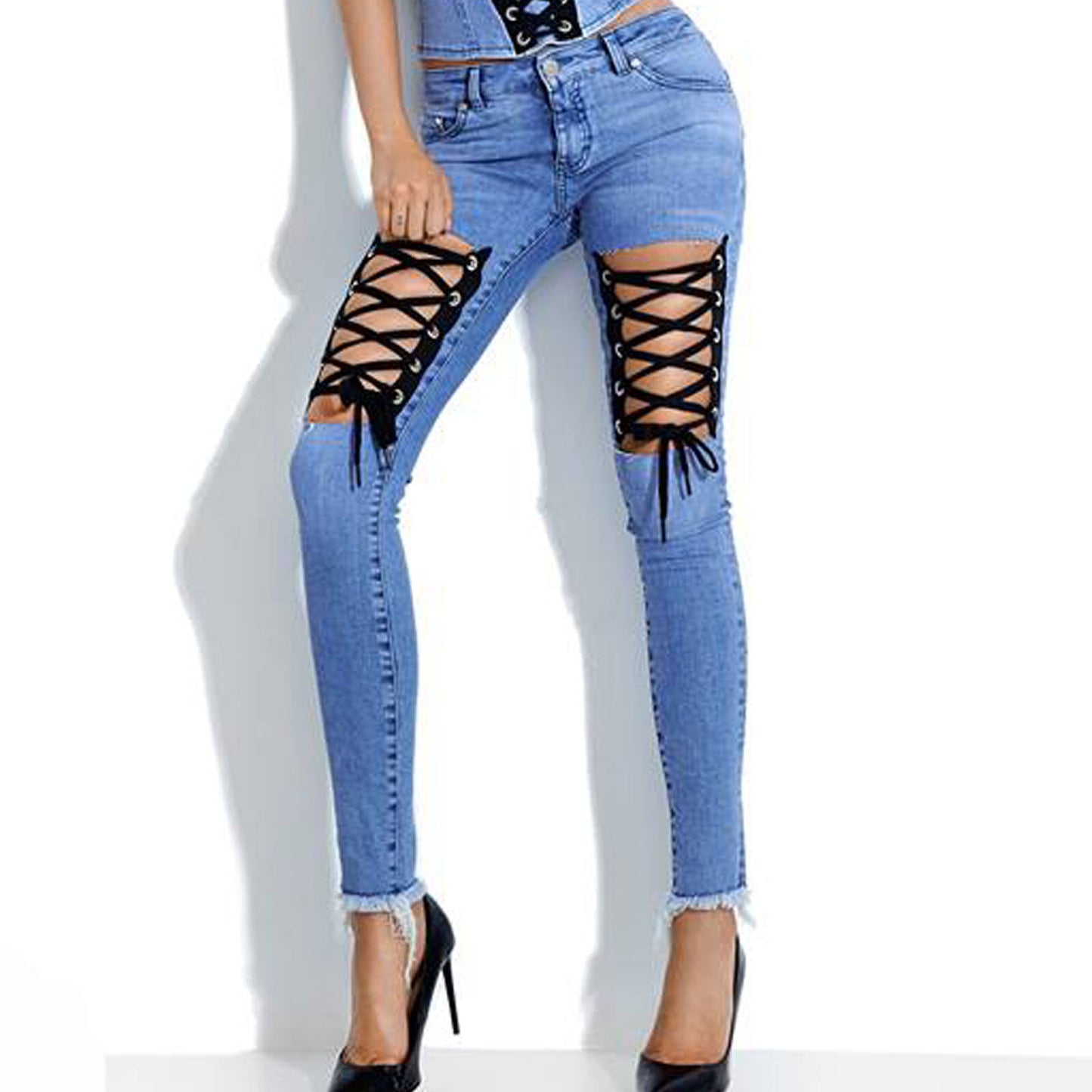 Mexton Damen Jeanstop mit Korsett-Design, Schnürung und figurbetontem Oberteil, modischer Korsett-Style für Damen