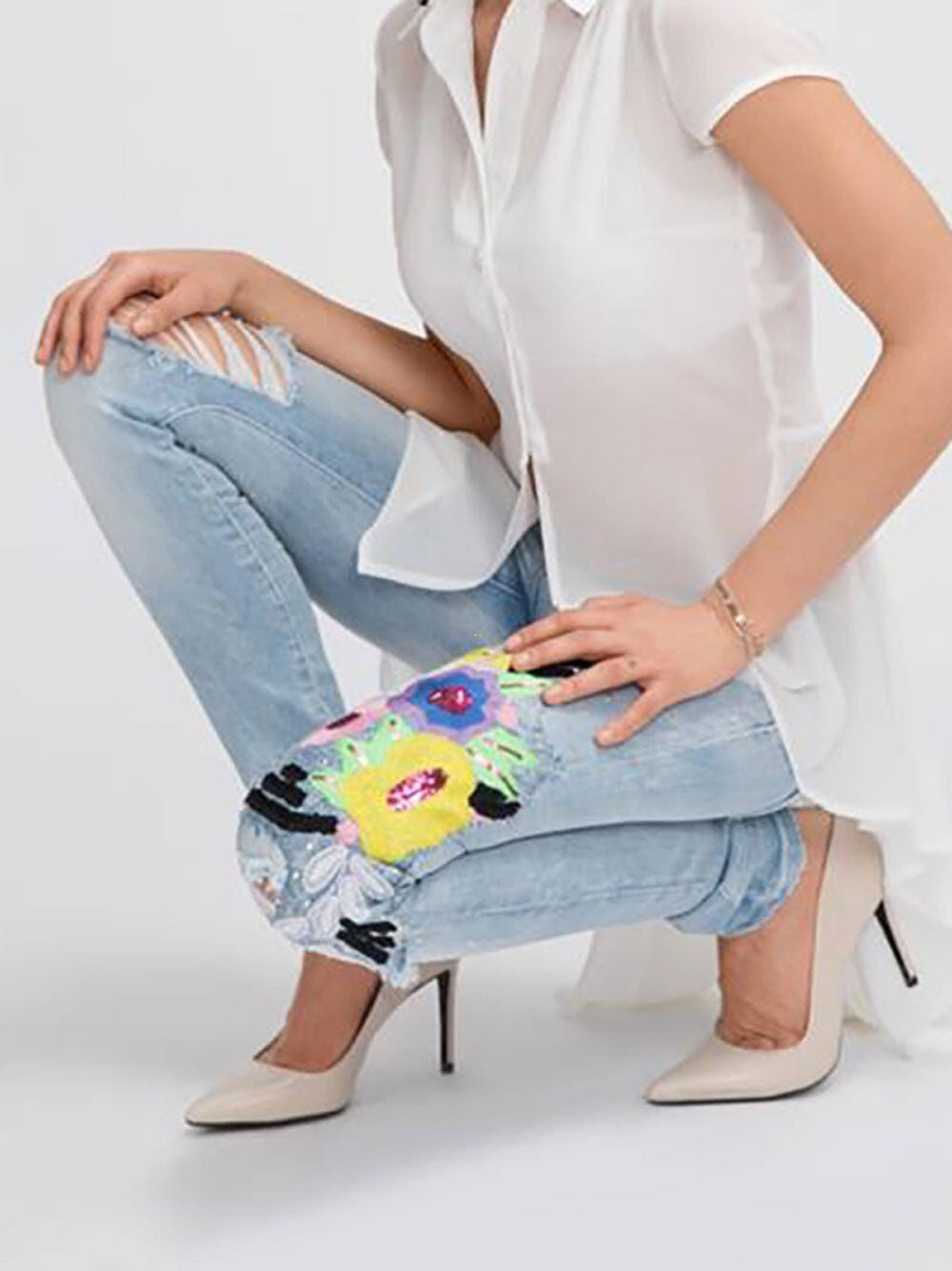 Mexton Damen Röhrenjeans mit Pailletten und Stickereien, sexy Hüftjeans, enge Passform, modisches Design, hochwertiger Denim