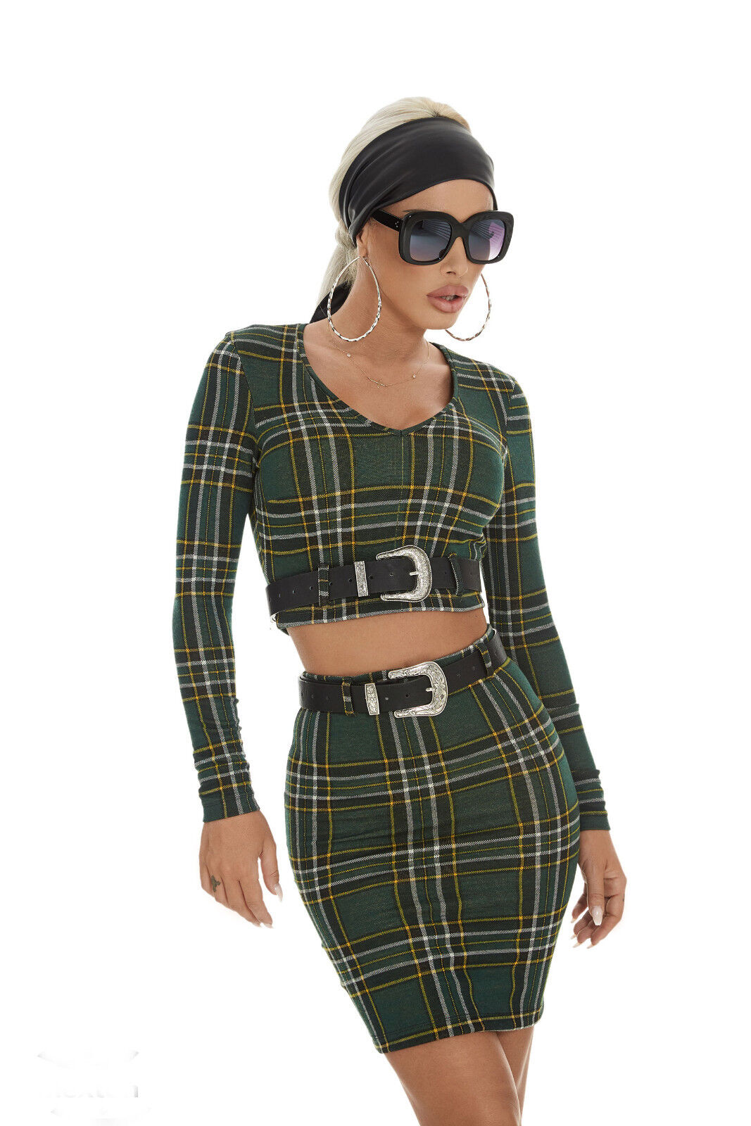 Mexton Damen 2-Teiler: Roter kariert Cropped Pullover und Minirock, bequemer Damen-Mode-Look in XS/S