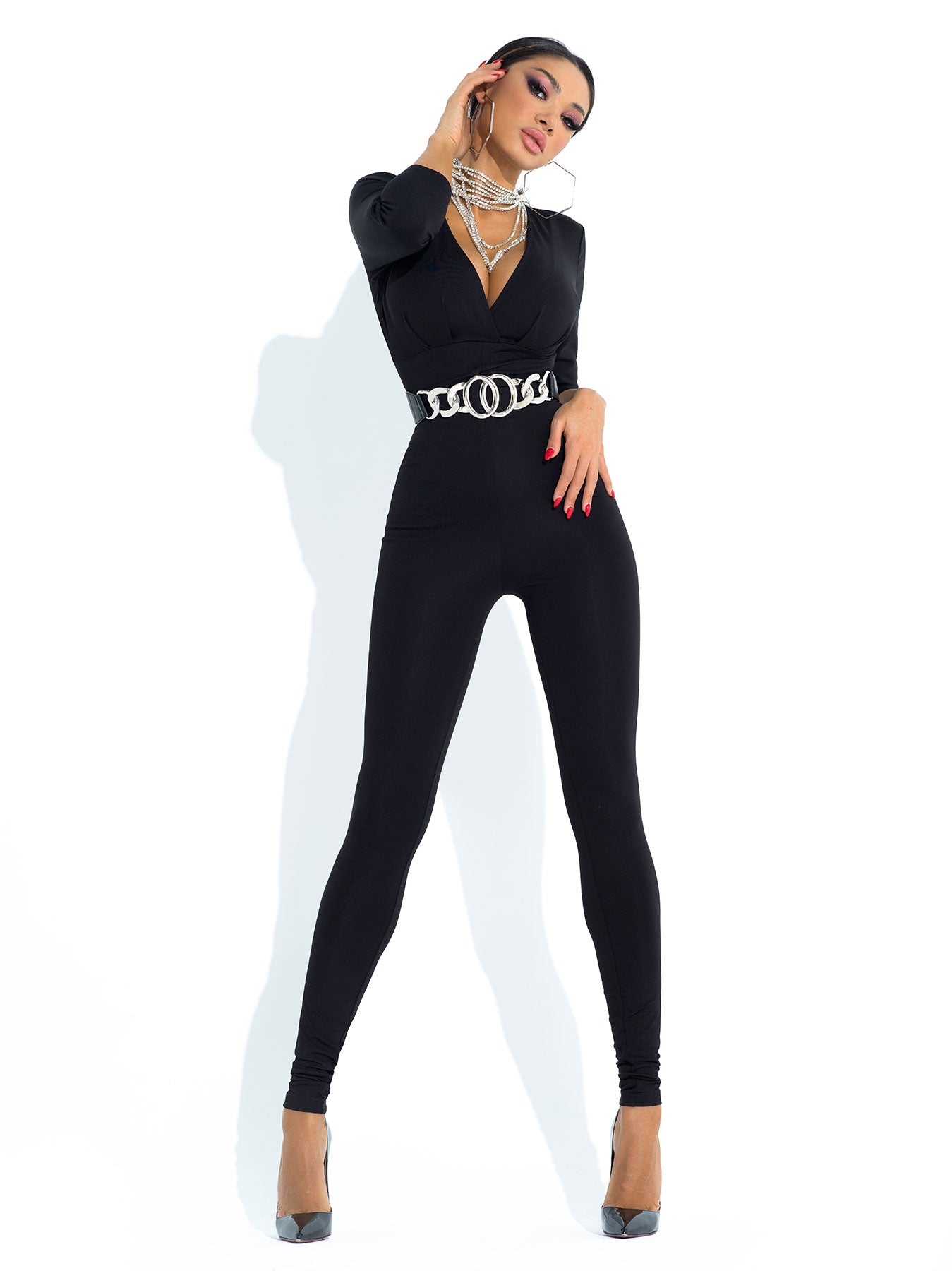 Mexton Catsuit Overall, enganliegender Jumpsuit aus elastischem Stoff, schwarz, mit langem Arm und tailliertem Schnitt.