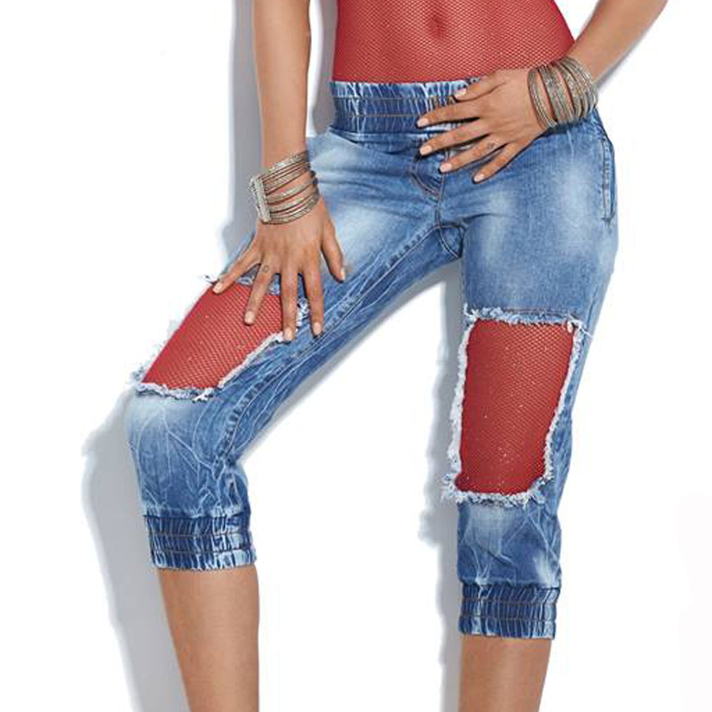 Mexton Damen Jeans Caprijeans in Blau-Weiß, kurze Netz-Hüftjeans, bequem und modisch, in XS bis M.