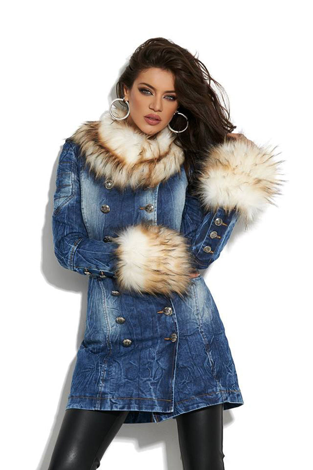 Mexton Damen Jeansjacke mit Fellkragen, Wintermantel, lässige Jeansjacke für Damen, stilvoller Wintermantel