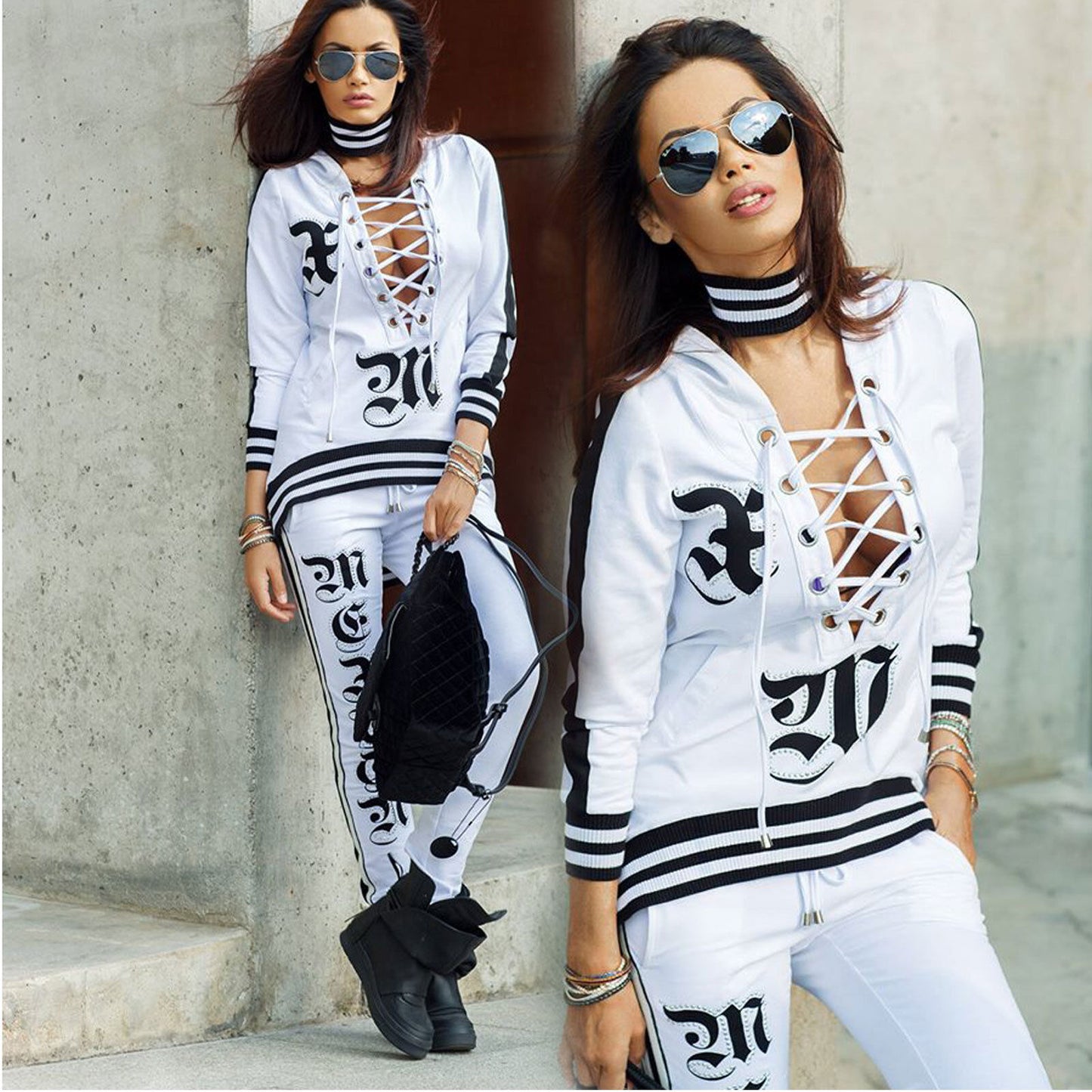 Damen 2-Teiler Freizeitanzug von Mexton, schwarzer Pullover und Jogginghose, bequemes Sport- und Freizeitoutfit.