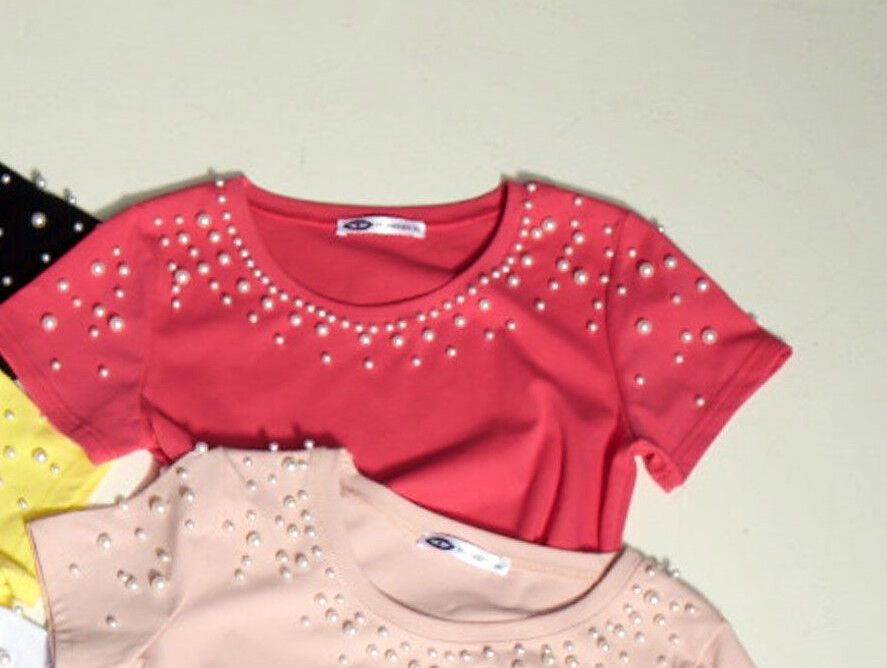 Mexton Damen T-Shirt Tunika mit kurzen Ärmeln, Perlen, in Pink und Gelb, Größe XS-S, modisches Damenoberteil