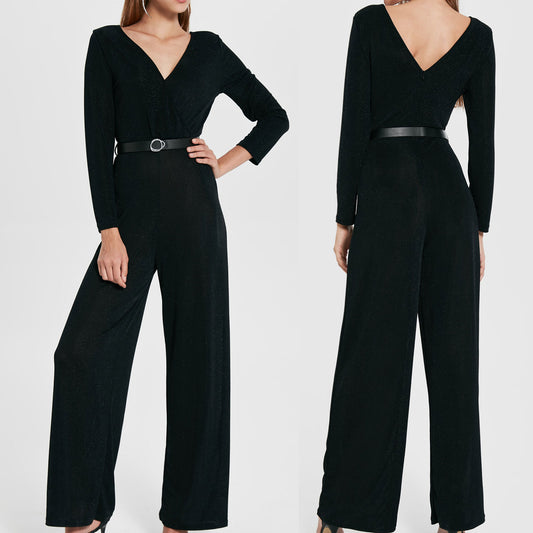 Damen Overall Jumpsuit High-Waist Hosenanzug Glitzer Einteiler Transparent S-L