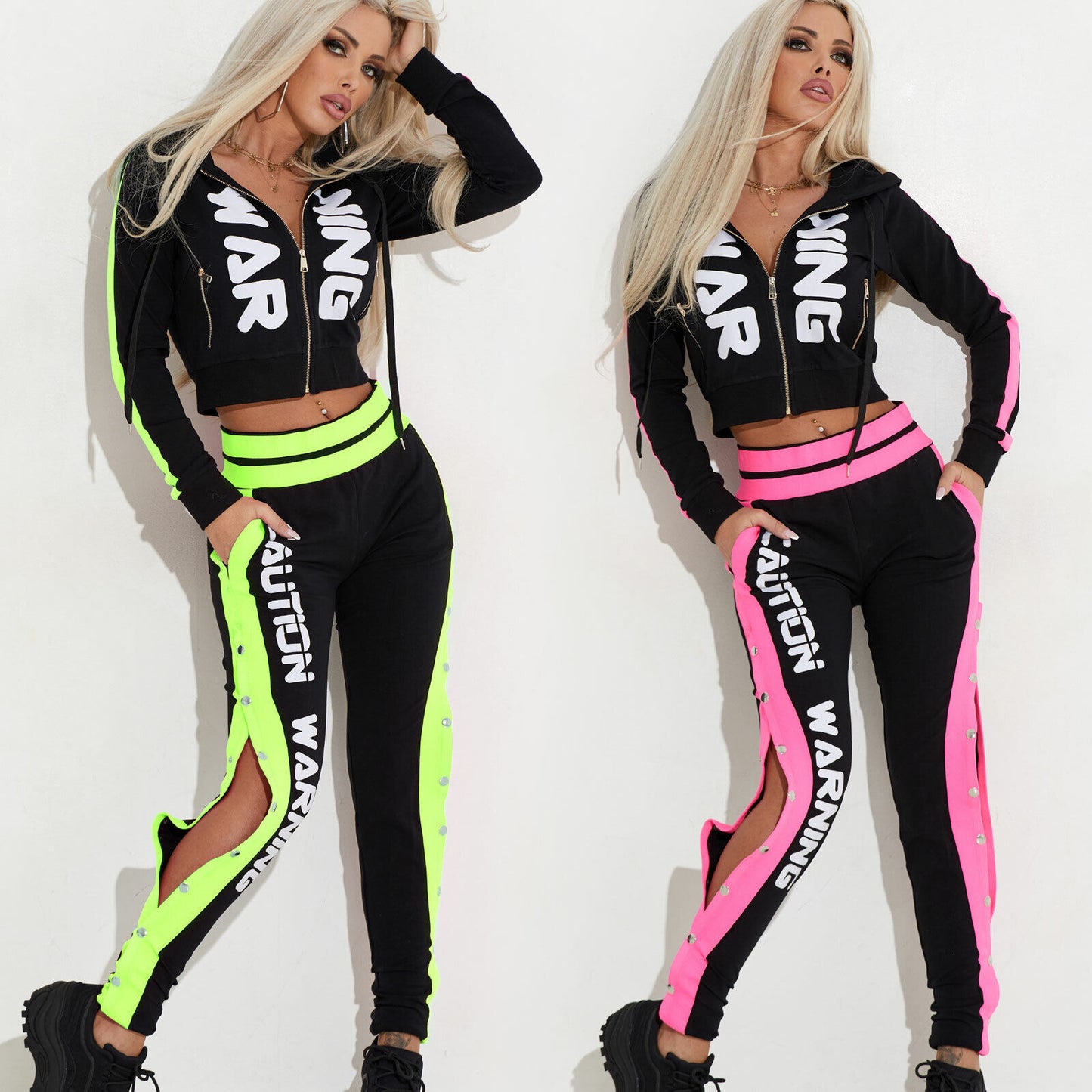 By Alina Mexton Damen High-Waist Jogginghose Knopfhose Knöchelhose Neon Pink