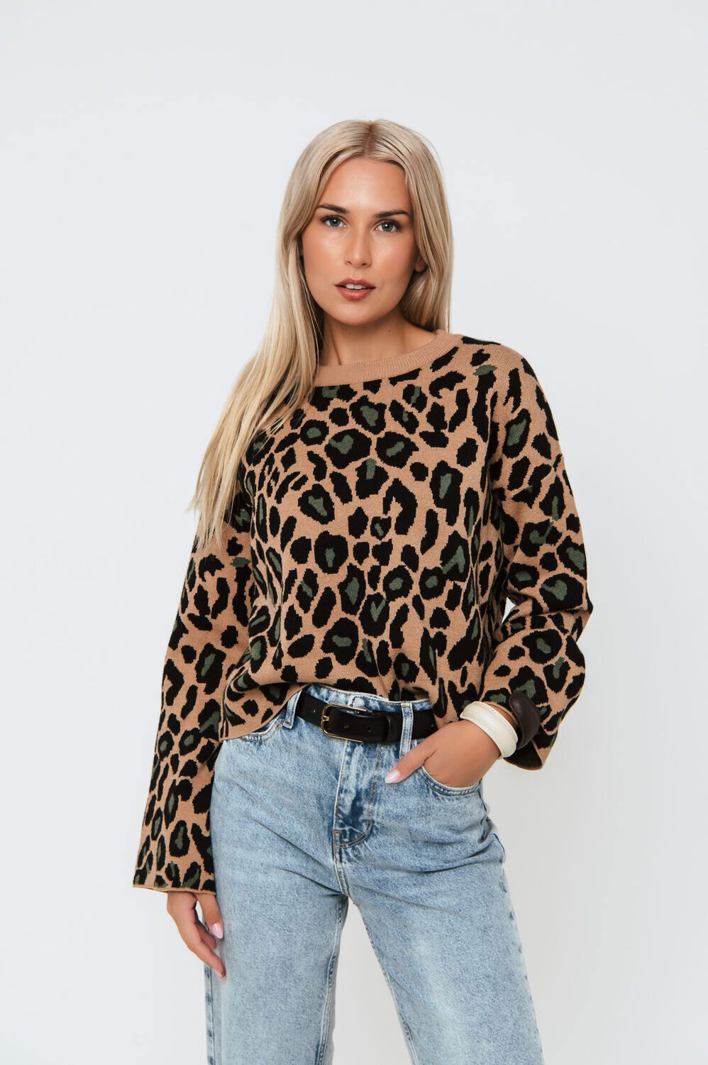 Damen Feinstrick OVER-SIZE Pullover Cropped Strickpullover Leopard Leo S-L