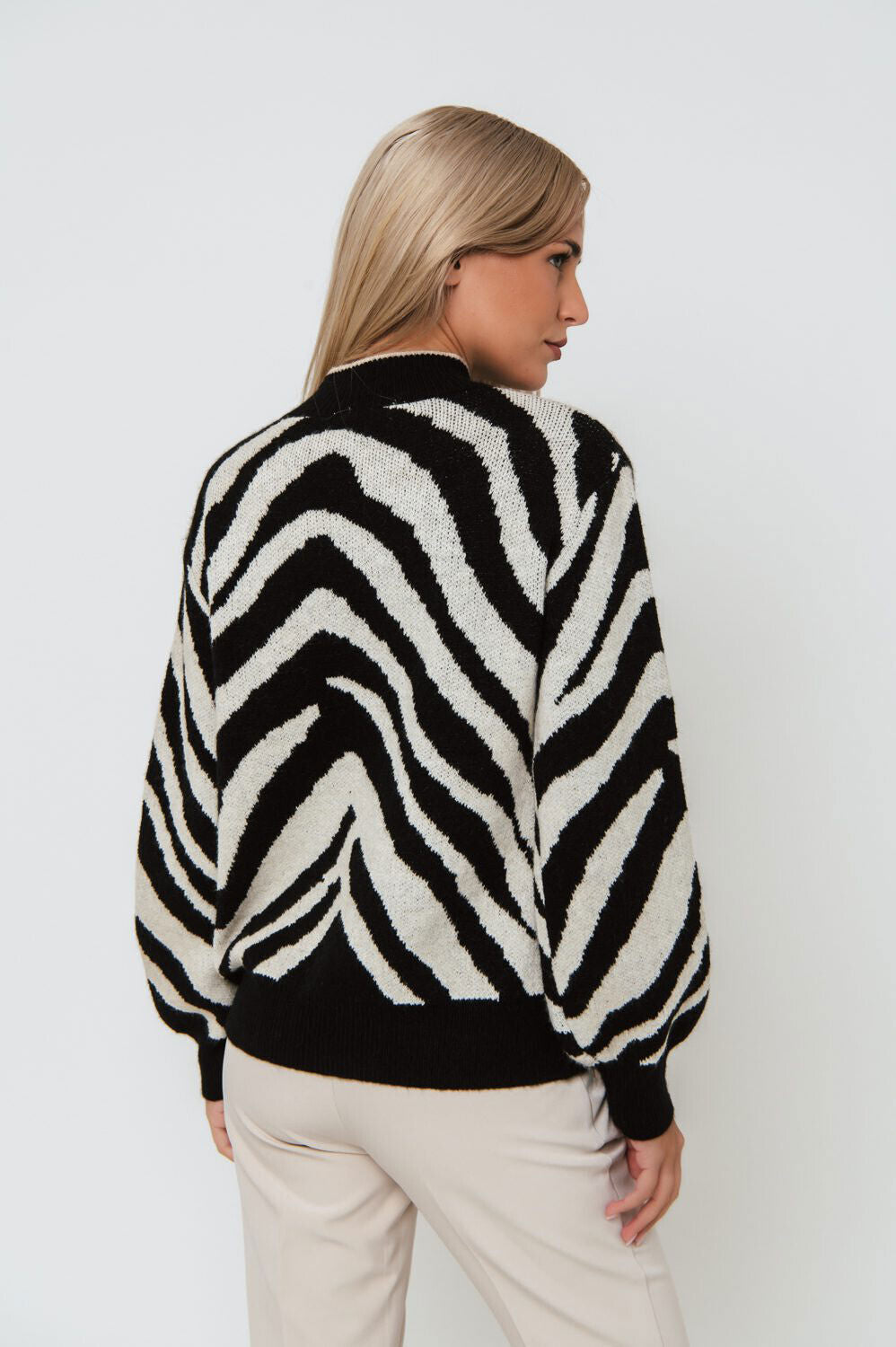 Damen Feinstrick OVER-SIZE Pullover Cropped Strickpullover Zebra S-M