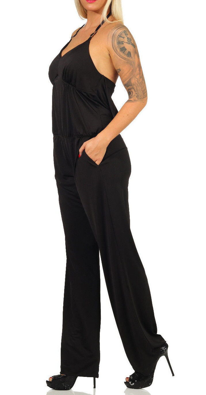 Damen Neckholder Overall Jumpsuit High-Waist Hosenanzug Neck wide Leg Strandhose