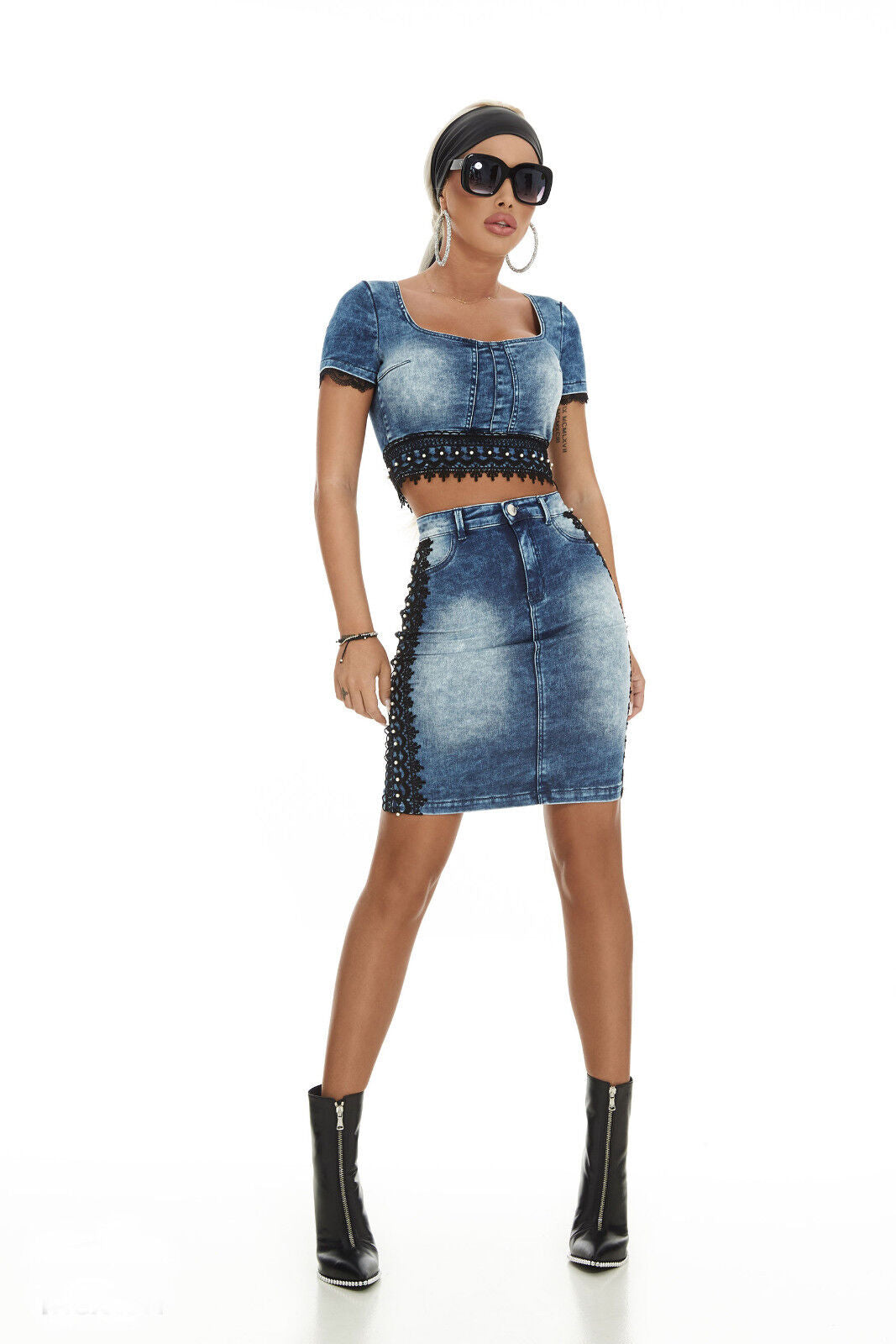 By Alina Mexton 2-Teiler Jeans Cropped Top + Rock Jeansrock Jeansmini Spitze S-M