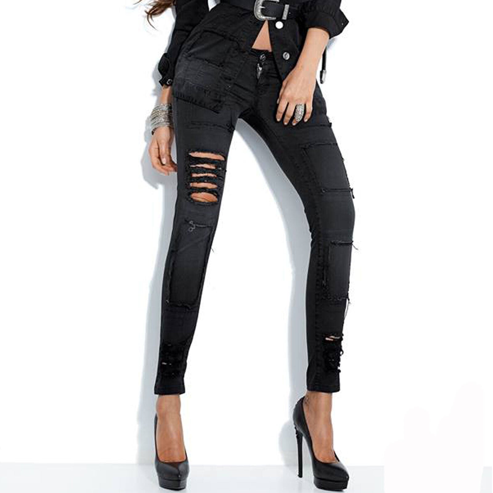 By Alina Mexton Damenjeans Hüftjeans Jeans Risse Freizeithose Schwarz S M