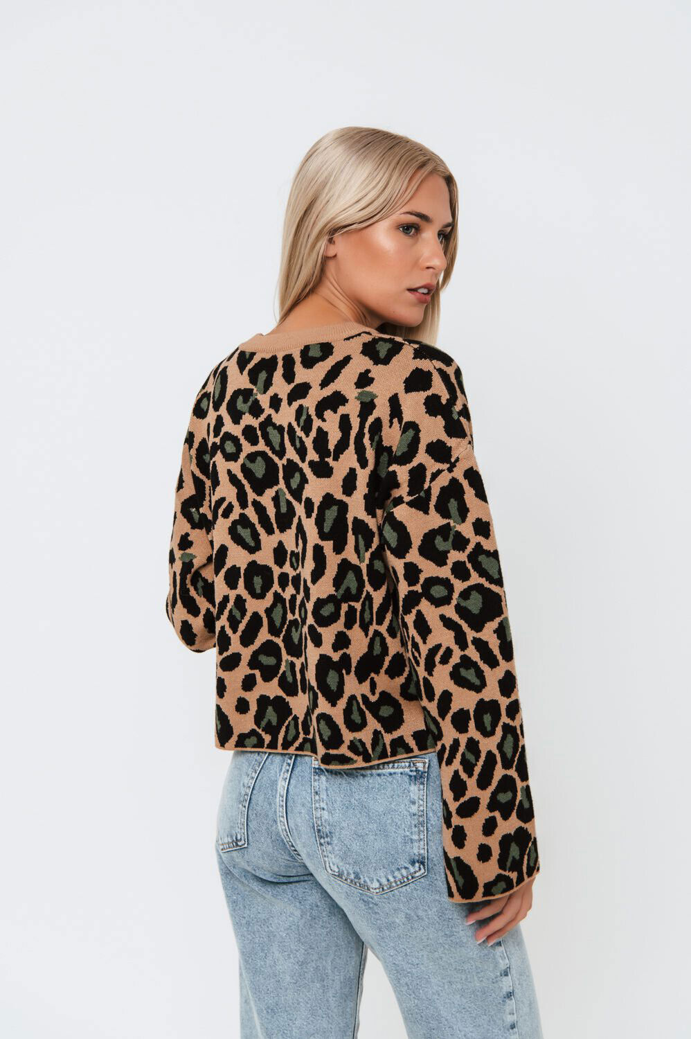 Damen Feinstrick OVER-SIZE Pullover Cropped Strickpullover Leopard Leo S-L