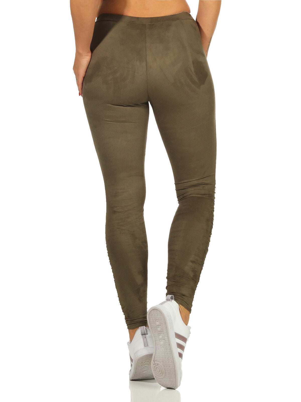 LA Damen High-Waist Leggings Röhrenhose gerafft Wildleder-Look Hose XS-M  