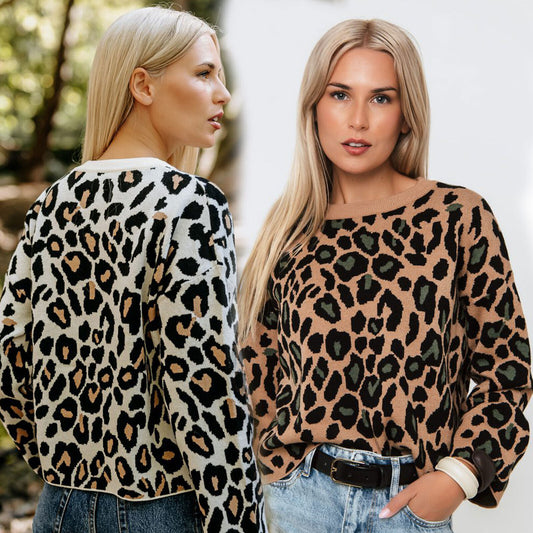 Damen Feinstrick OVER-SIZE Pullover Cropped Strickpullover Leopard Leo S-L