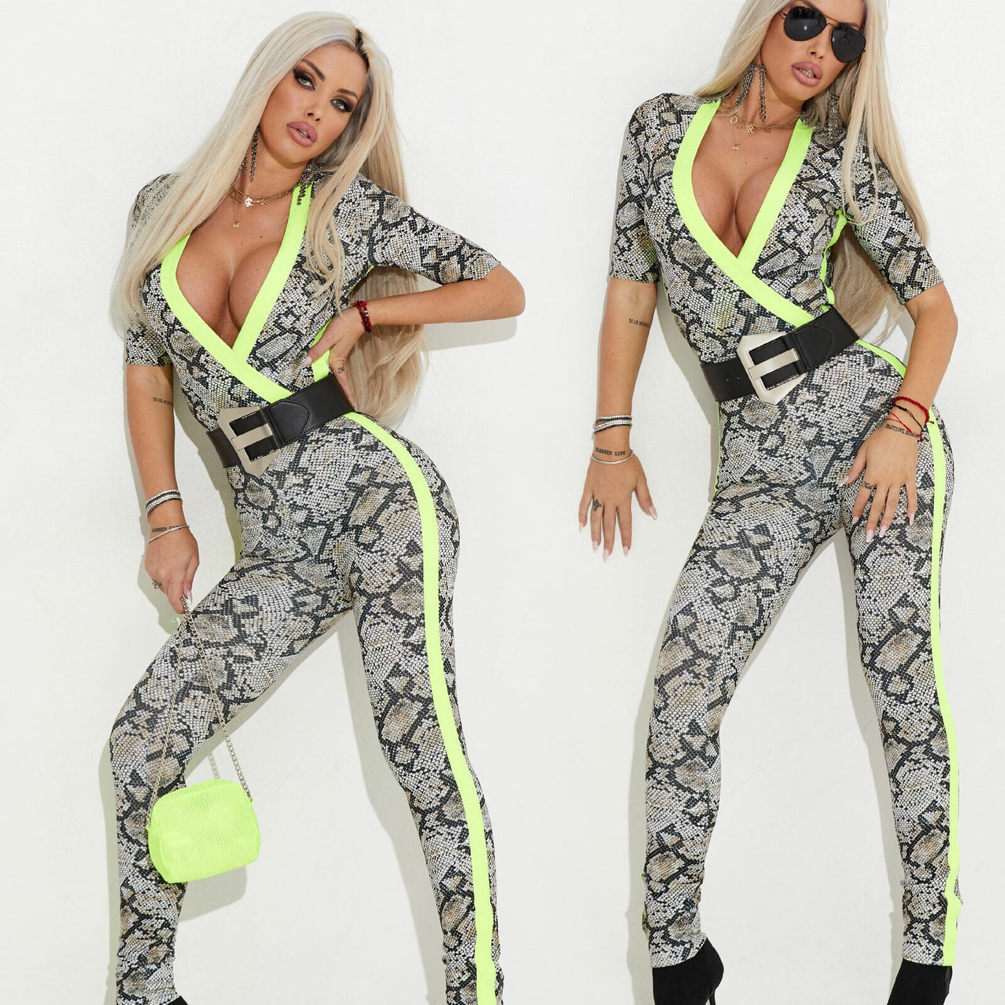 By Alina Mexton Damen Overall Jumpsuit Hosenanzug Catsuit snake Neon XS 34