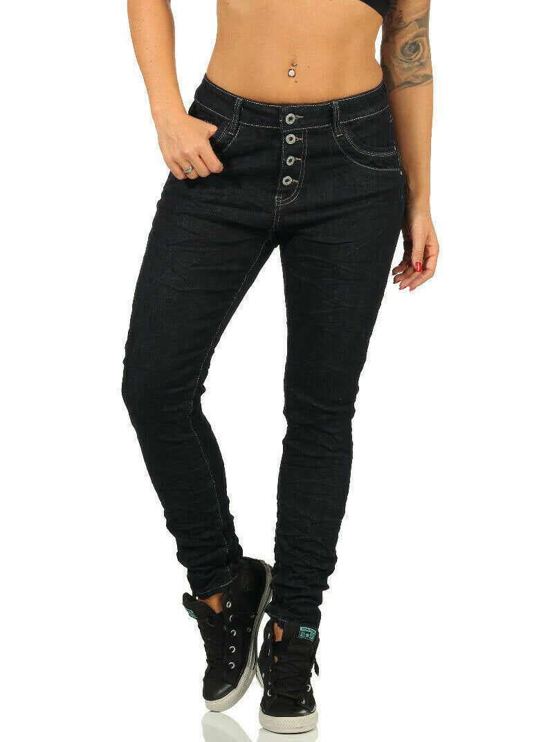 Jewelly Damen Baggy Boyfriend Jeans Hüftjeans Crash-Look Jeanshose Knöpfe 1550