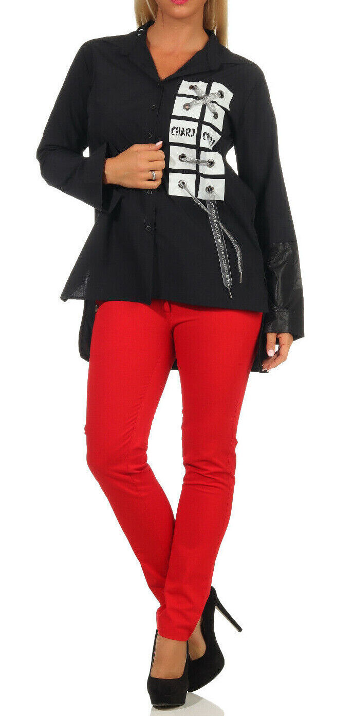Damen Bluse Hemdbluse Over-Size Longbluse Print Schwarz Weiß S  M L XL