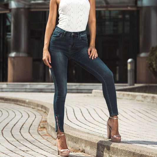 Damen Skinny Jeans High Waist von clothes-stores, blaue Röhrenjeans mit Zip, Ankle Fit, Größe 32 bis XXS.