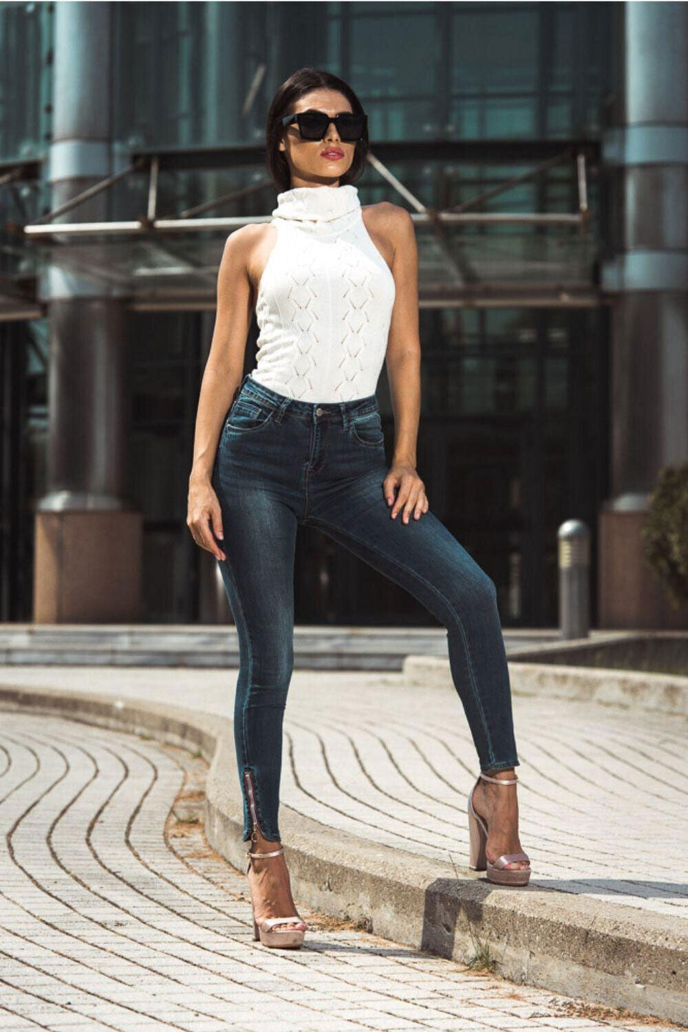 Damen Skinny Jeans mit hohem Bund, blauer Röhrenjeans mit Reißverschluss, Ankle-Länge, Größe 32-XS, von Clothes Stores