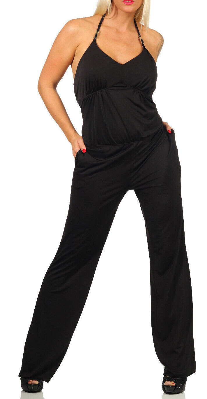 Damen Neckholder Overall von clothes-stores.de, hoher Taillen-Jumpsuit mit weitem Bein und Strandhose, elegante Sommermode
