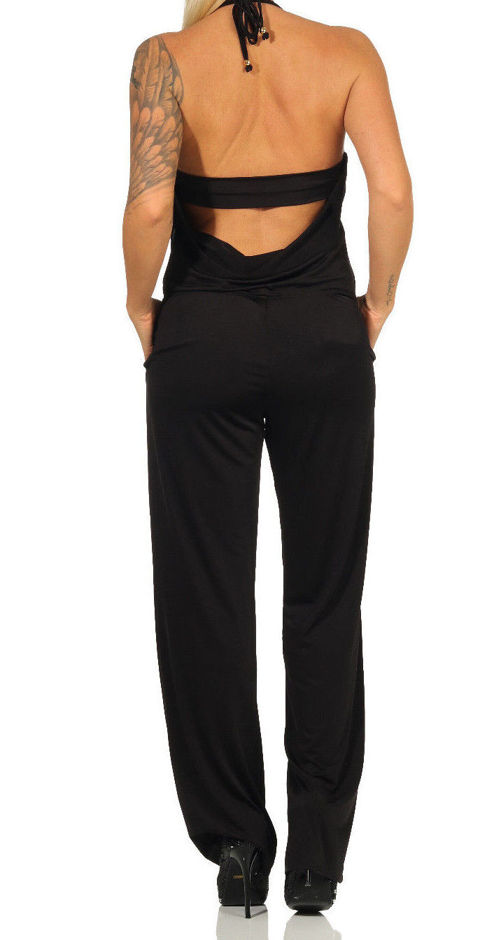 Damen Neckholder Overall von clothes-stores.de, hoher Taillen-Hosenanzug mit weitem Bein und Strandhose-Design.