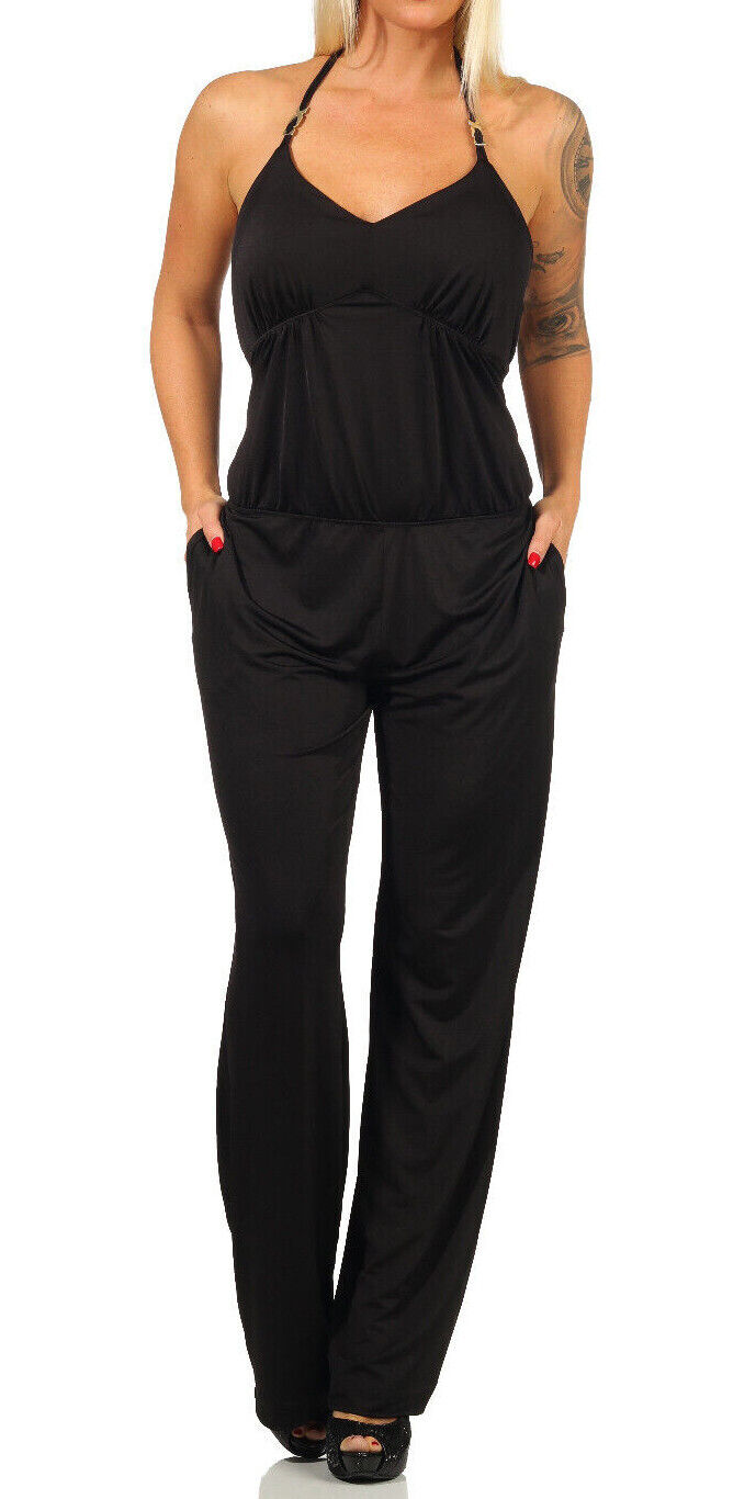Damen Neckholder Overall mit hohem Bund, weitem Bein und Strandhose-Design, in schwarz, von clothes-stores.de