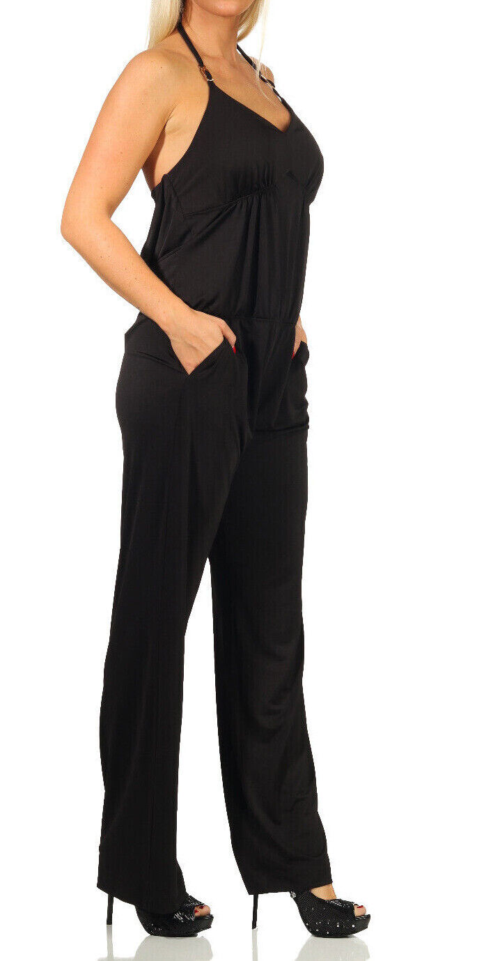 Damen Neckholder Overall von clothes-stores.de, hoher Taillenschnitt, weite Beine, Strandhose aus leichtem Stoff, elegantes Design