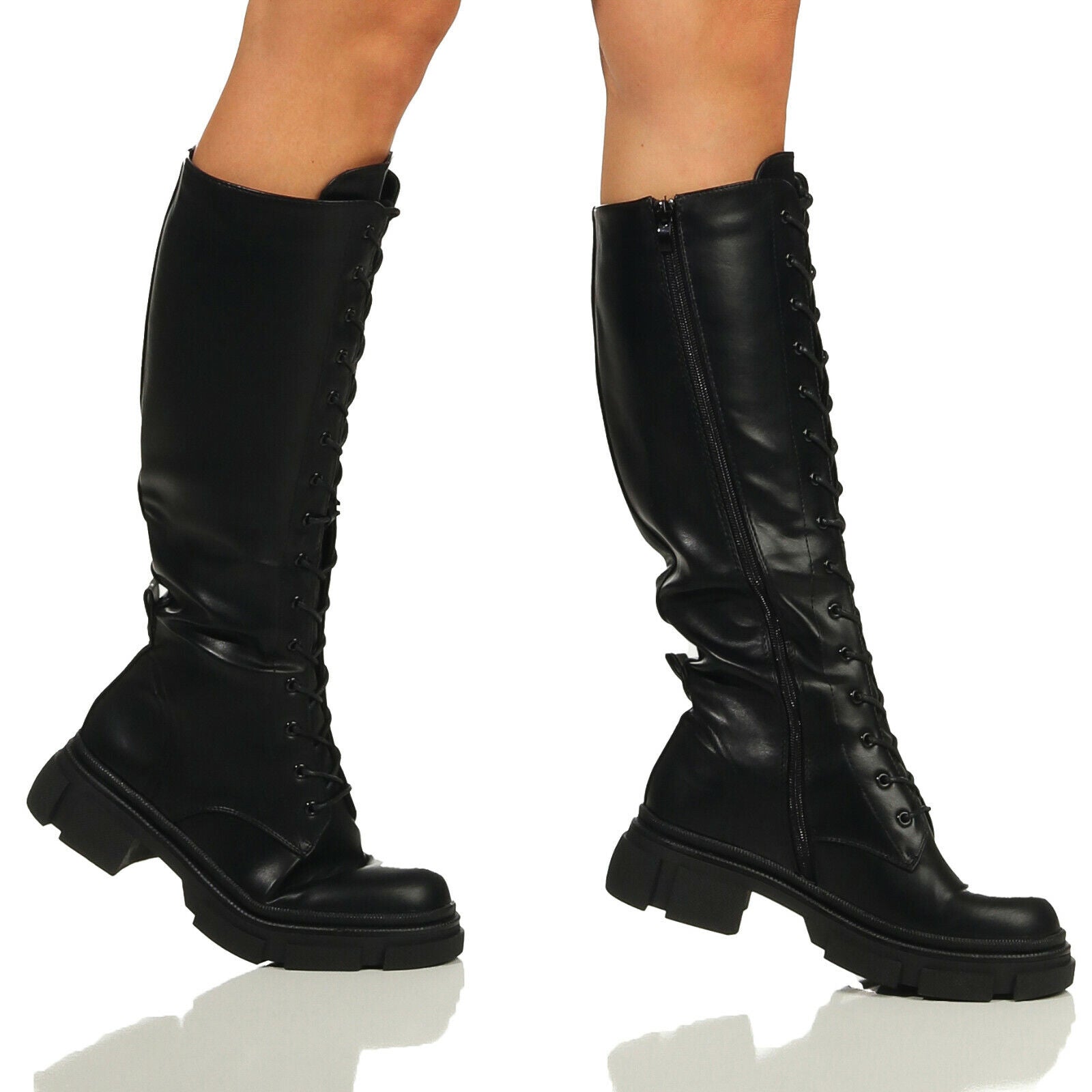 Damen Wadenstiefel Schnürstiefel Biker Boots Gothik, schwarze Lederstiefel, Gr. 36-41, mit Schnürung und robustem Design